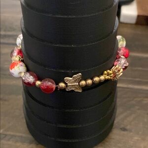 ❤️ 5 for $25 ❤️ Elegant Red and Gold Beaded Bracelet with butterfly NWOT